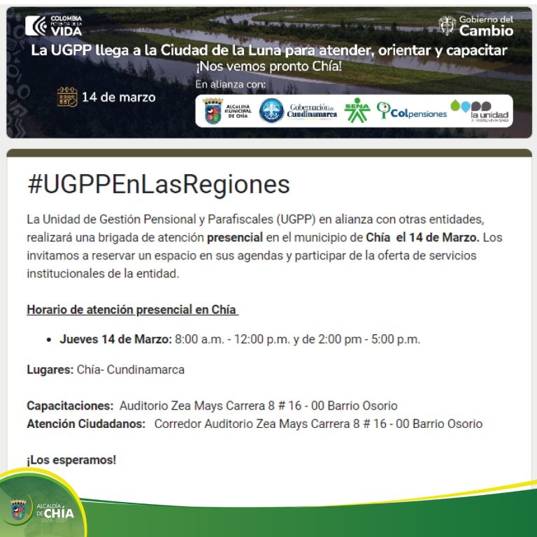 La Unidad de Gestión y Parafiscales, UGPP, vendrá a Chía este jueves 14 para atender de forma personalizada