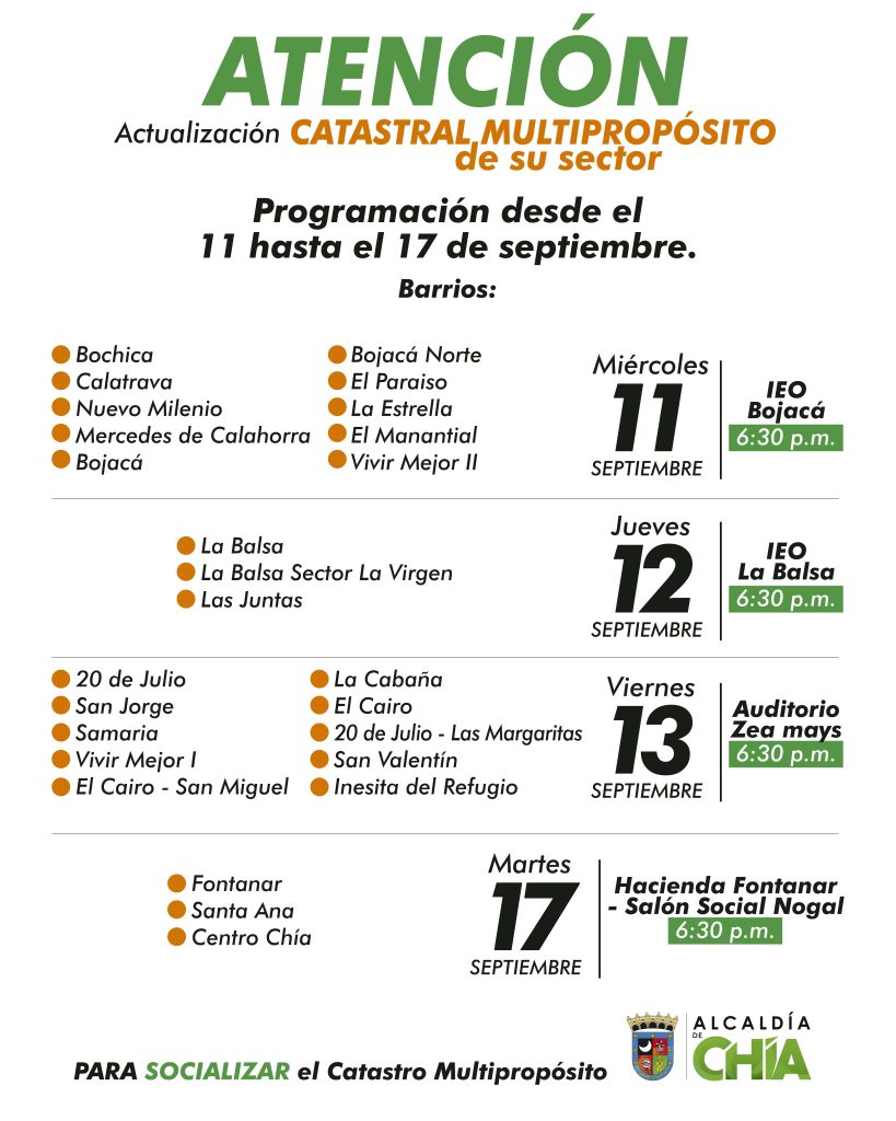 Estas son las socializaciones del catastro multipropósito desde el 11 hasta el 17 de septiembre