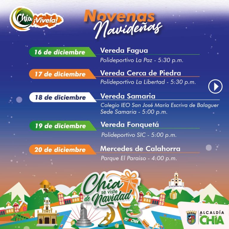 El próximo lunes 16 de diciembre inician las novenas navideñas, que recorrerán gran parte del municipio llevando alegría, oración, color y show musical. La invitación también es a disfrutar de la Villa de nieve y la pista sintética de patinaje. Las novenas llegarán a las veredas de Fagua, Tíquiza, La Balsa, Bojacá, Fonquetá, Yerbabuena, Fusca y en el centro del municipio en la plazoleta Hoqabiga, donde la comunidad además podrá disfrutar durante toda la época decembrina de la experiencia en la Villa de Nieve a menos 10 grados centígrados, la pista sintética de patinaje y el show de luces. Durante las novena se presentará la agrupación musical Crescendo, se entregarán refrigerios a todos los asistentes y se vivirá un momento de unión familiar y felicidad en torno a la navidad. El IDUVI, EMSERCHIA Y EL IMRD estarán, junto al alcalde Leonardo Donoso y funcionarios de la Alcaldía, acompañando cada una de las novenas. Así será la programación de las novenas navideñas: • Lunes 16 de diciembre 5:30 p.m. – vereda Fagua en el polideportivo La Paz • Martes 17 de diciembre 5:30 p.m. – vereda Cerca Piedra en el polideportivo La Libertad • Miércoles 18 de diciembre 5:00 p.m. – sector Samaria colegio Balaguer sede primaria • Jueves 19 de diciembre 5:00 p.m. – vereda Fonquetá polideportivo SIC Fonquetá • Viernes 20 de diciembre 4:00 p.m. – vereda Bojacá Unidad Parque El Paraíso Mercedes de Calahorra • Sábado 21 de diciembre 3:30 p.m. – vereda Tíquiza Colegio Fagua sede Tíquiza • Domingo 22 de diciembre se realizará en varios puntos  10:00 a.m. – Vereda Yerbabuena Alta en el colegio El Cerro  3:00 p.m. – vereda Yerbabuena Baja  4:00 p.m. – vereda Fusca en el restaurante El Pórtico  6:00 p.m. – sector centro en la Plazoleta Hoqabiga • Lunes 23 de diciembre 5:00 p.m. – verda La Balsa en el polideportivo El Nispero