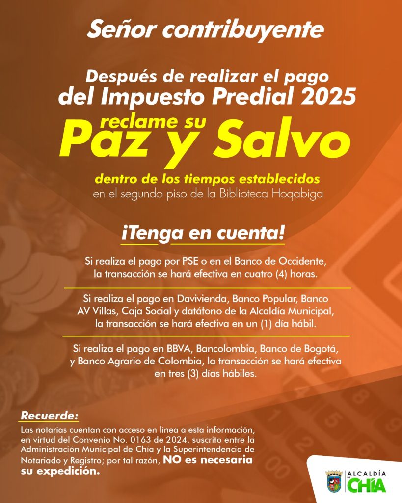 Estos son los tiempos para acceder a su paz y salvo luego de haber pagado la factura del Impuesto Predial