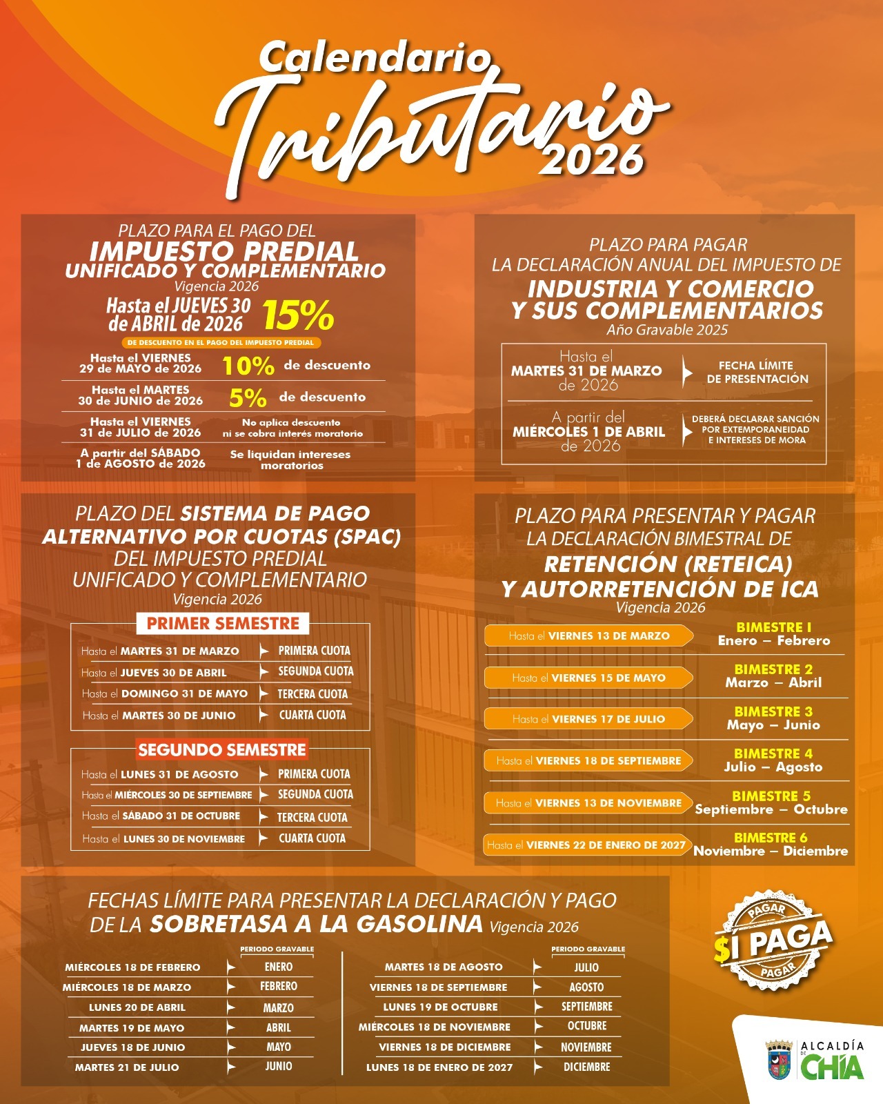Calendario Tributario 2026, fechas y plazos para el pago de impuestos en Chía 