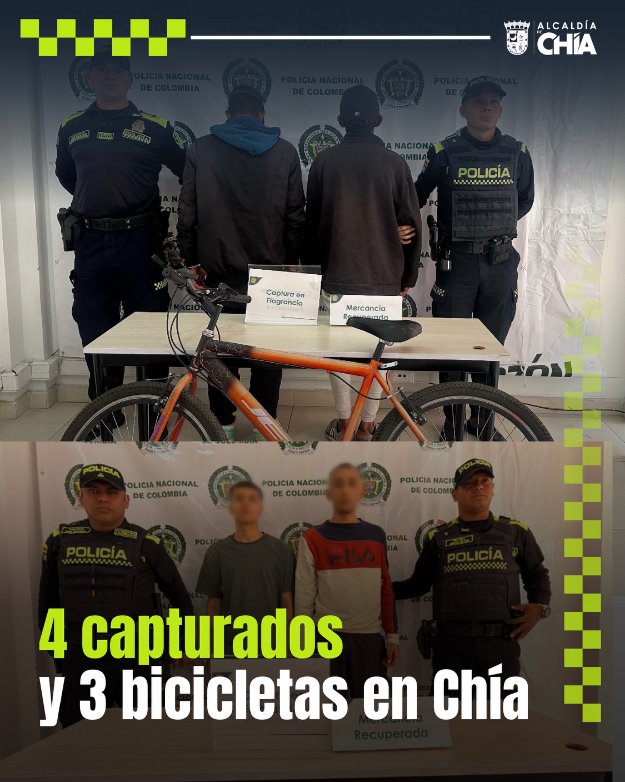 Golpe al hurto en Chía: cuatro capturados y tres bicicletas recuperadas