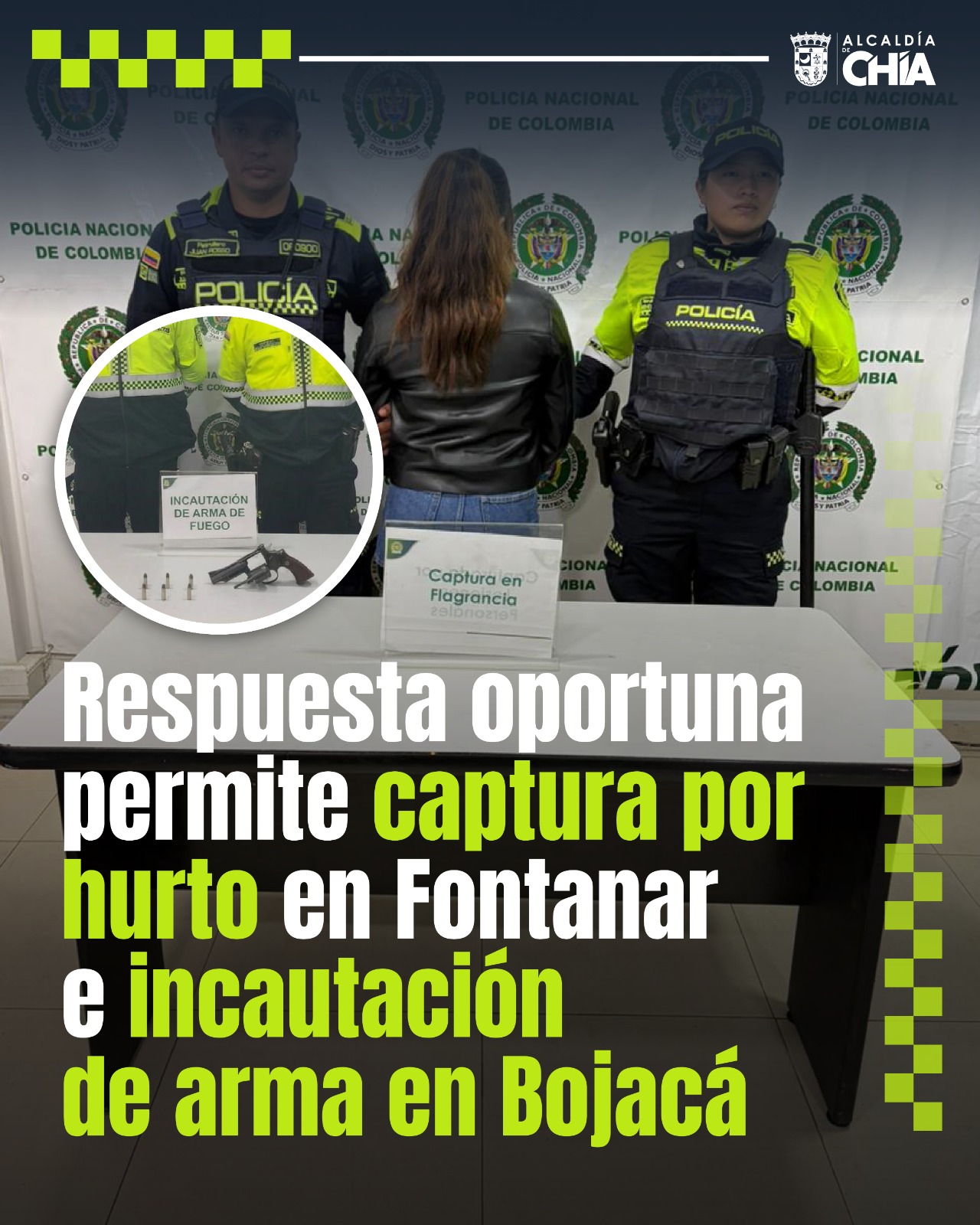 Respuesta oportuna permite captura por hurto en Fontanar e incautación de arma en Bojacá